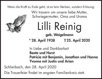 Traueranzeige von Lilli Reinig von Bergsträßer Anzeiger