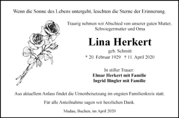 Traueranzeige von Lina Herkert von Fränkische Nachrichten