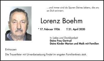 Traueranzeige von Lorenz Boehm von Bergsträßer Anzeiger