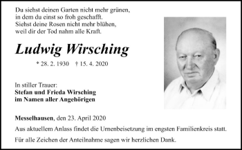 Traueranzeige von Ludwig Wirsching von Fränkische Nachrichten