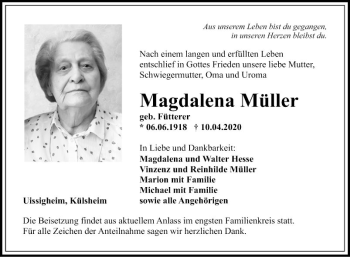 Traueranzeige von Magdalena Müller von Fränkische Nachrichten