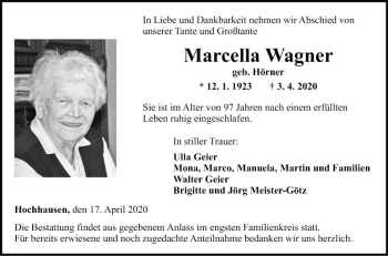 Traueranzeige von Marcella Wagner von Fränkische Nachrichten