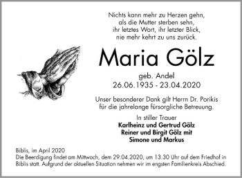 Traueranzeige von Maria Gölz von Bergsträßer Anzeiger