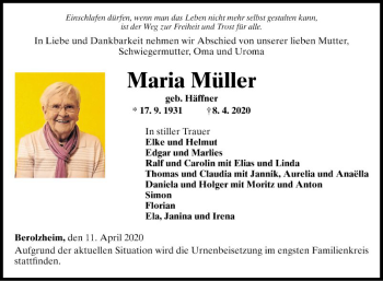 Traueranzeige von Maria Müller von Fränkische Nachrichten