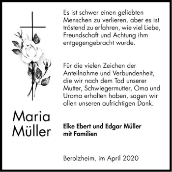 Traueranzeige von Maria Müller von Fränkische Nachrichten