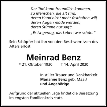 Traueranzeige von Meinrad Benz von Mannheimer Morgen