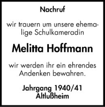 Traueranzeige von Melitta Hoffmann von Schwetzinger Zeitung