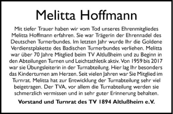 Traueranzeige von Melitta Hoffmann von Schwetzinger Zeitung