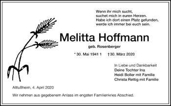 Traueranzeige von Melitta Hoffmann von Schwetzinger Zeitung