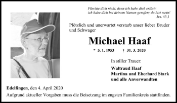 Traueranzeige von Michael Haaf von Fränkische Nachrichten