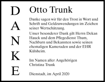 Traueranzeige von Otto Trunk von Fränkische Nachrichten