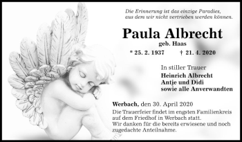 Traueranzeige von Paula Albrecht von Fränkische Nachrichten