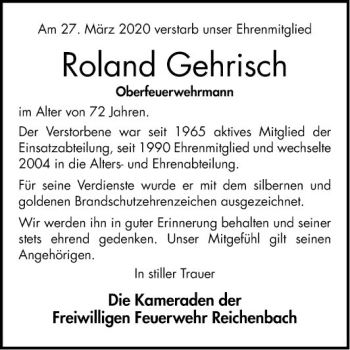 Traueranzeige von Roland Gehrisch von Bergsträßer Anzeiger