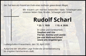 Traueranzeige von Rudolf Scharl von Mannheimer Morgen