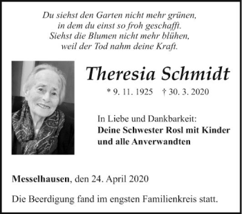 Traueranzeige von Theresia Schmidt von Fränkische Nachrichten