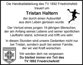 Traueranzeige von Tristan Haltern von Mannheimer Morgen