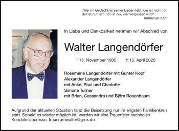 Traueranzeige von Walter Langendörfer von Mannheimer Morgen