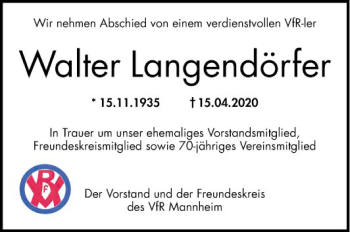 Traueranzeige von Walter Langendörfer von Mannheimer Morgen