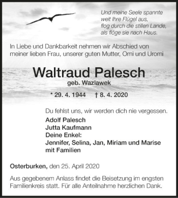 Traueranzeige von Waltraud Palesch von Fränkische Nachrichten