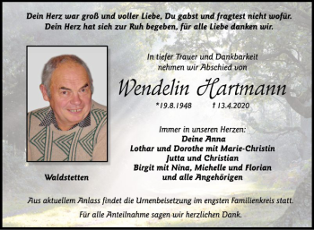 Traueranzeige von Wendelin Hartmann von Fränkische Nachrichten