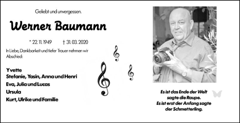  Traueranzeige für Werner Baumann vom 11.04.2020 aus Bergsträßer Anzeiger
