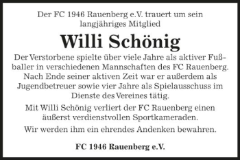 Traueranzeige von Willi Schönig von Fränkische Nachrichten