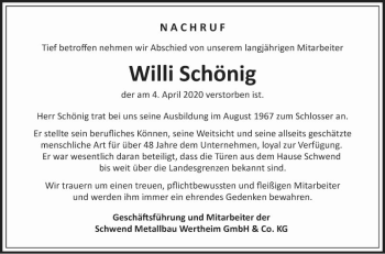 Traueranzeige von Willi Schönig von Fränkische Nachrichten