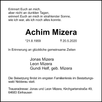 Traueranzeige von Achim Mizera von Bergsträßer Anzeiger