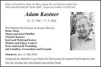 Traueranzeige von Adam Kastner von Fränkische Nachrichten