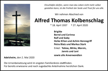 Traueranzeige von Alfred Thomas Kolbenschlag von Fränkische Nachrichten