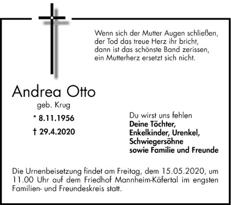  Traueranzeige für Andrea Otto vom 09.05.2020 aus Mannheimer Morgen