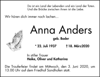 Traueranzeige von Anna Anders von Mannheimer Morgen