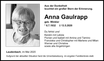 Traueranzeige von Anna Gaulrapp von Fränkische Nachrichten