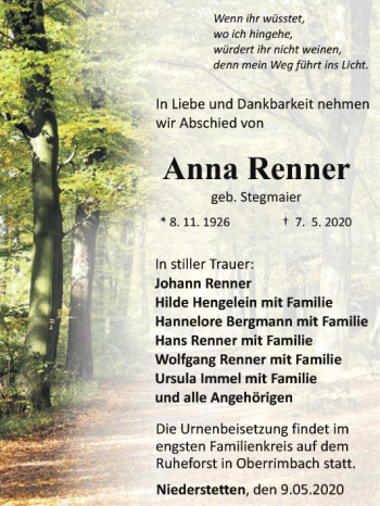 Traueranzeige von Anna Renner von Fränkische Nachrichten