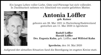 Traueranzeige von Antonia Löffler von Fränkische Nachrichten