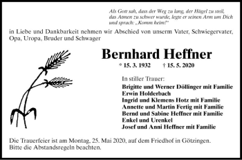 Traueranzeige von Bernhard Heffner von Fränkische Nachrichten