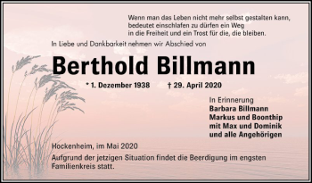 Traueranzeige von Berthold Billmann von Schwetzinger Zeitung