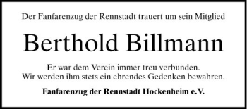 Traueranzeige von Berthold Billmann von Schwetzinger Zeitung