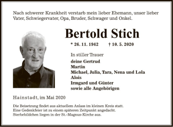 Traueranzeige von Bertold Stich von Fränkische Nachrichten