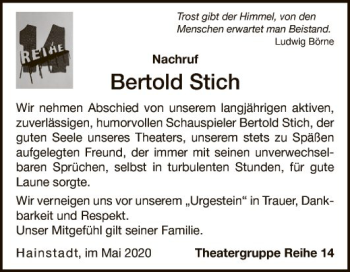 Traueranzeige von Bertold Stich von Fränkische Nachrichten