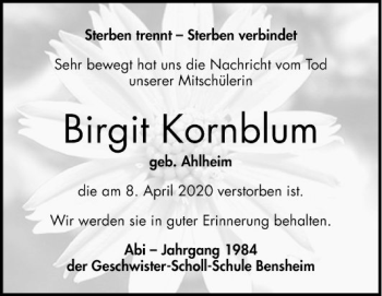 Traueranzeige von Birgit Kornblum von Bergsträßer Anzeiger