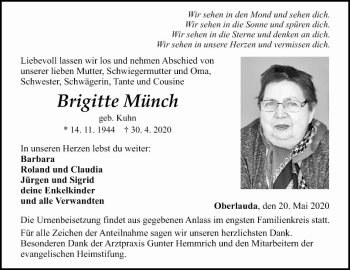 Traueranzeige von Brigitte  Münch von Fränkische Nachrichten