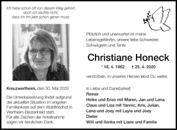 Traueranzeige von Christiane Honeck von Fränkische Nachrichten