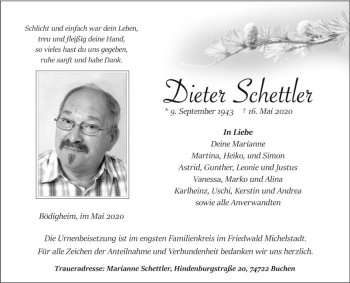 Traueranzeige von Dieter Schettler von Fränkische Nachrichten