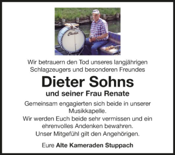 Traueranzeige von Dieter Sohns von Fränkische Nachrichten