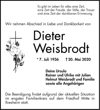 Traueranzeige von Dieter Weisbrodt von Mannheimer Morgen