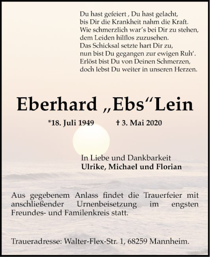  Traueranzeige für Eberhard Lein vom 16.05.2020 aus Mannheimer Morgen