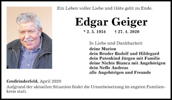 Traueranzeige von Edgar Geiger von Fränkische Nachrichten