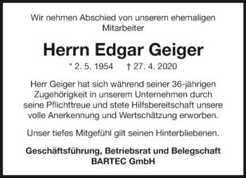 Traueranzeige von Edgar Geiger von Fränkische Nachrichten