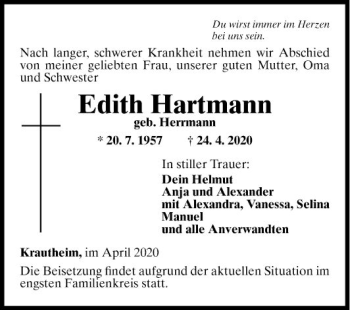 Traueranzeige von Edith Hartmann von Fränkische Nachrichten